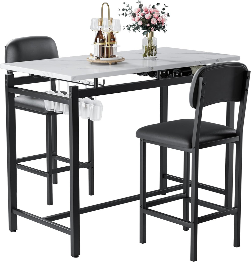 47" 3 Piece Bar Table Set with 2 Padded Chairs for Small Spaces Black | ...