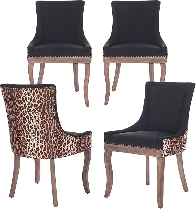 Modern Dining Chairs Set of 4, High Back Dining Chairs Side Chairs with Solid Wood Legs, Upholstered Fabric Dining Room Chairs for Dining Room Kitchen, Black and Leopard Print