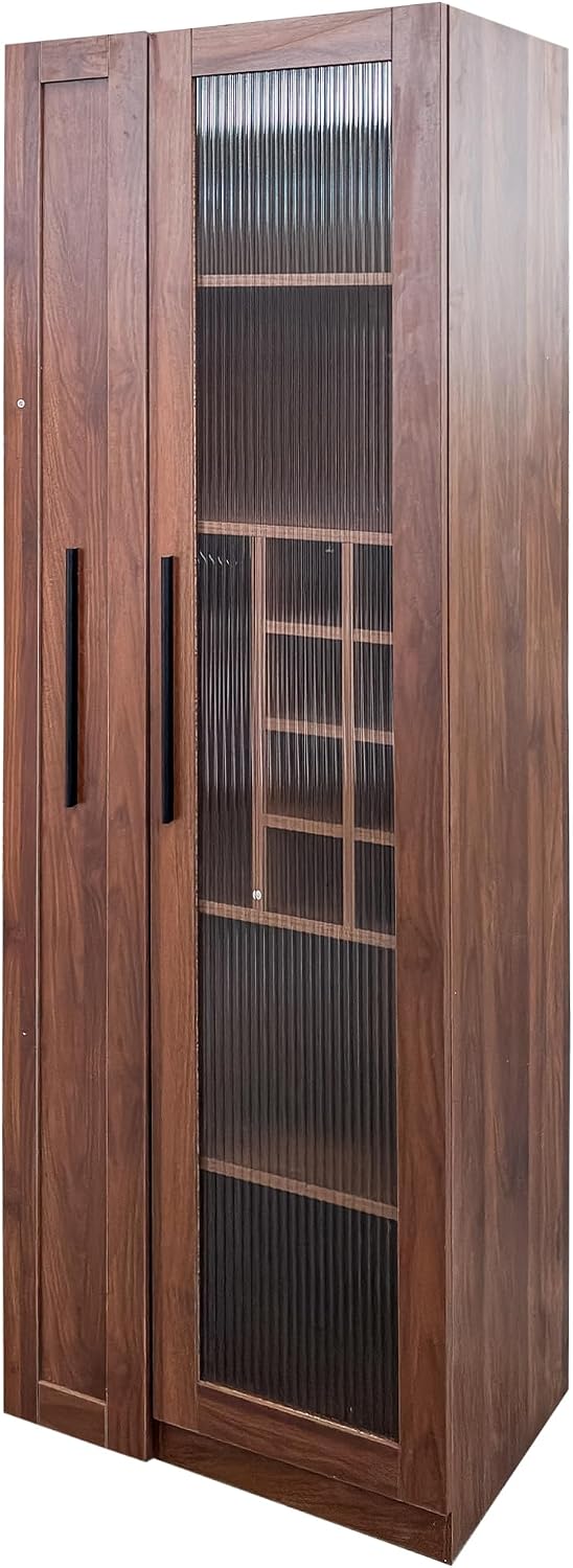 Kitchen Pantry Cabinet with 5-Tier Shelf, Pull-Out Hutch Cabinet with Glass D...