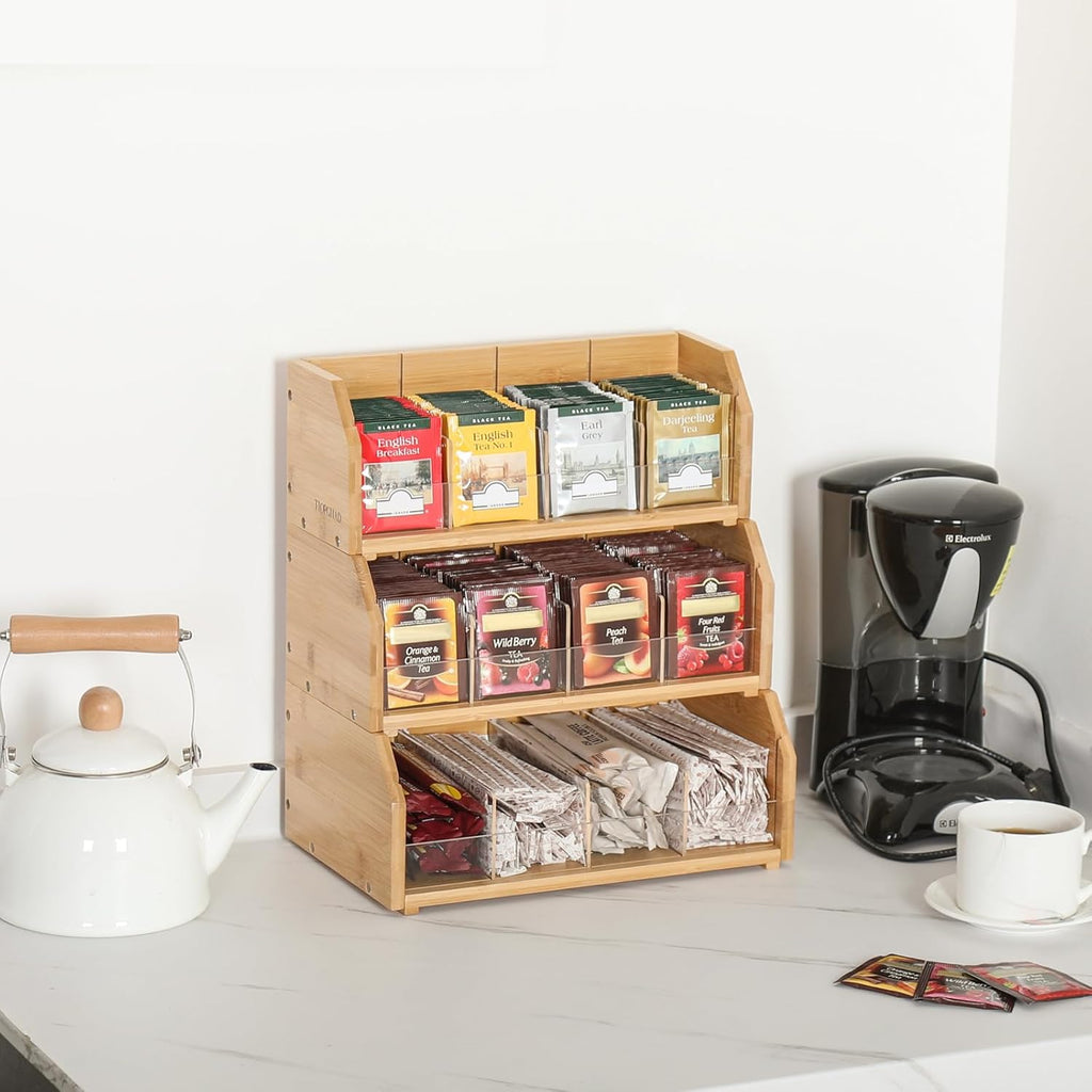 3 Layer Stackable Bamboo Tea Bag Organizer Storage Holder for Tea Bags Wood Tea Box Containers Tea Rack Teabag Station Stand for Cabinet Countertop Office(Patented Design)