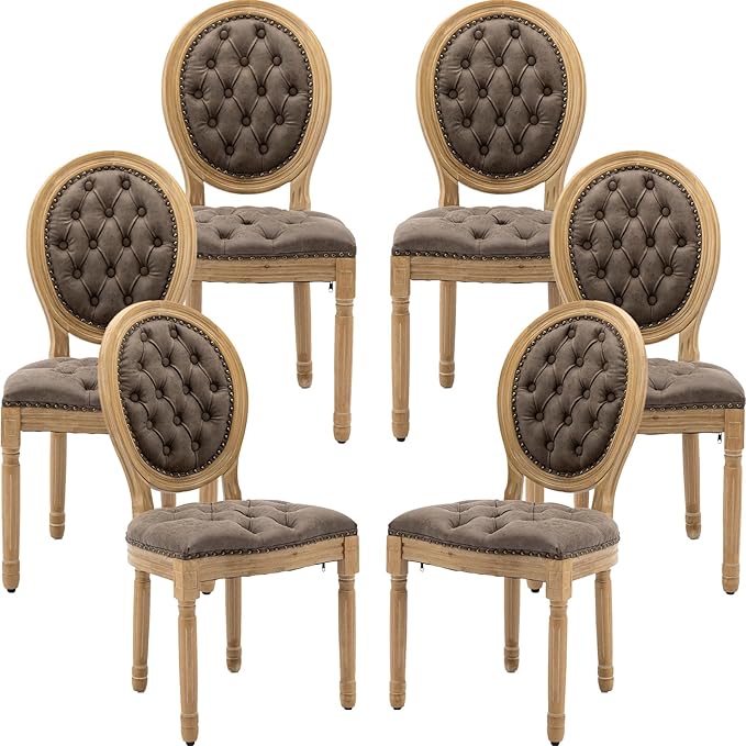 French Country Dining Chairs Set of 6, Tan & Taupe Faux Leather Tufted Upholstered Kitchen & Dining Room Chairs, Wood Legs, Sillas De Comedor (PU, Brown, 6Pcs)