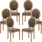 French Country Dining Chairs Set of 6, Tan & Taupe Faux Leather Tufted Upholstered Kitchen & Dining Room Chairs, Wood Legs, Sillas De Comedor (PU, Brown, 6Pcs)