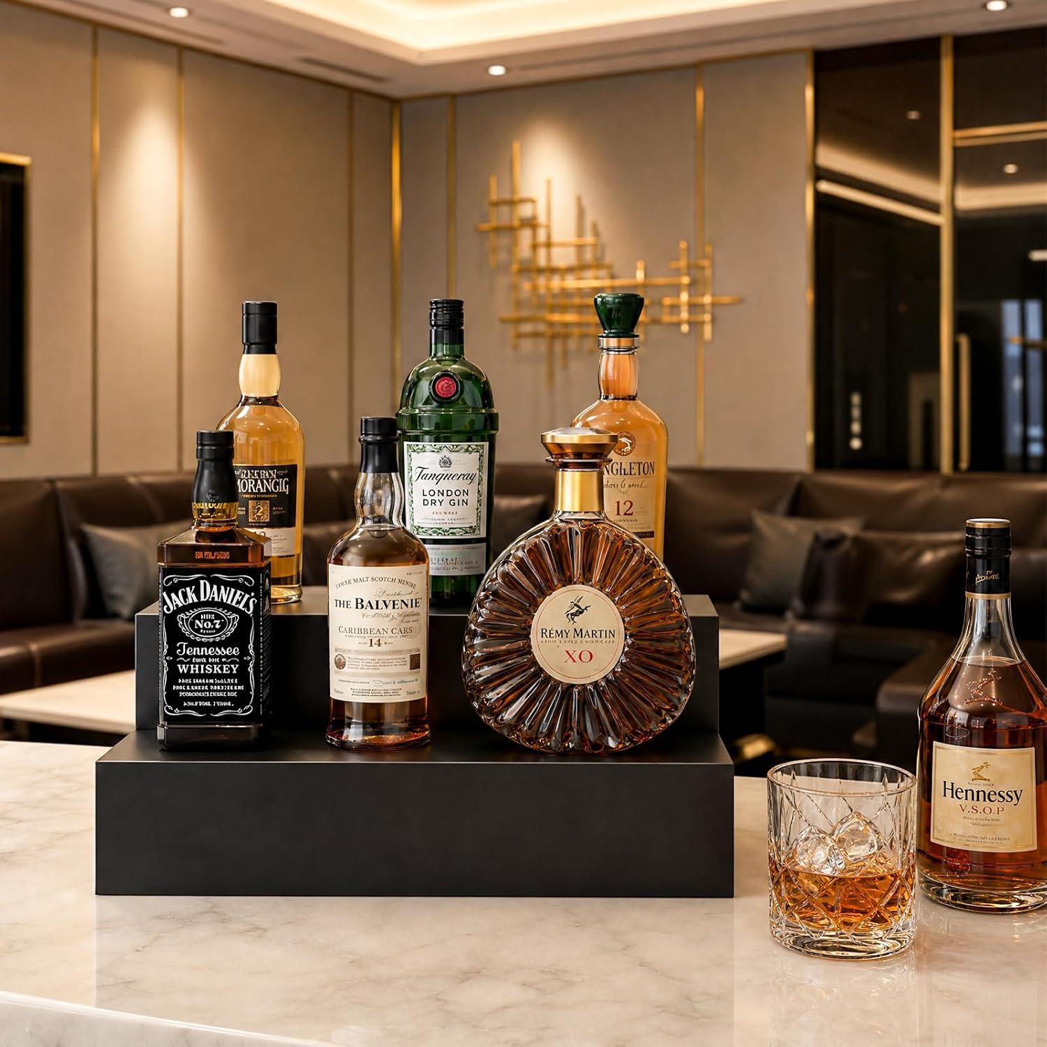 B4Life 2 Tier Liquor Bottle Display Shelf, Bar Bourbon Shelf for Whiskey, Wine Countertop Whiskey Rack Stand, Space-Saving Small Liquor Cabinet for Home, Bar, Party (Wood Bar Shelf Black-1)