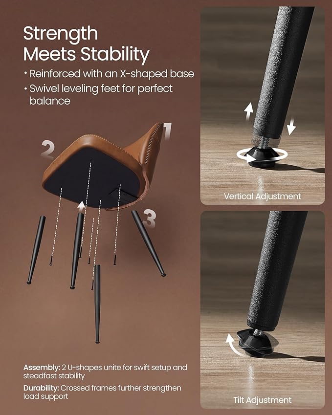 VASAGLE EKHO Collection - Dining Chairs Set of 6, Upholstered Kitchen Chairs, Comfortable Seat, Synthetic Leather with Stitching, Mid-Century Modern, Easy Assembly, with Storage Pocket, Caramel Brown