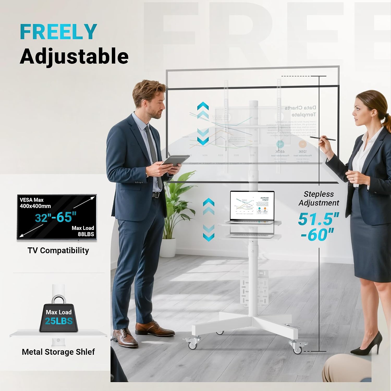 BONTEC Rolling TV Stand with Pegboard Storage for 32–65 Inch TVs, White | Height Adjustable Mobile TV Cart on Metal Wheels with Shelf & Cable Management,Holds up to 88 lbs, Max VESA 400x400mm