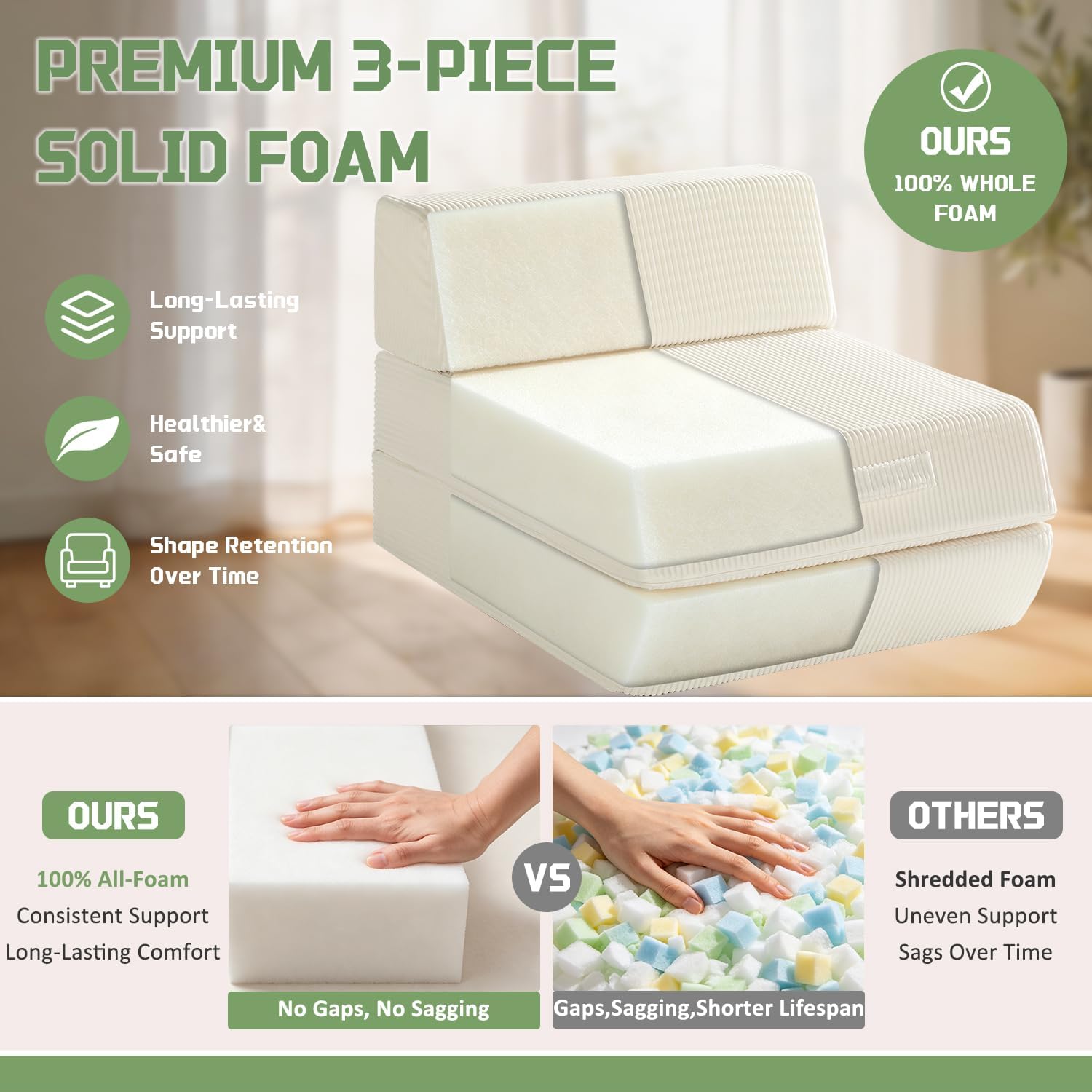 Trenda Folding Chair Bed, 16lbs Convertible Sleeper Chair Sofa Bed, Beige | 3-in-1 folding chair bed with solid foam, washable cover and handle. Converts to sofa, lounger & guest bed for small spaces.