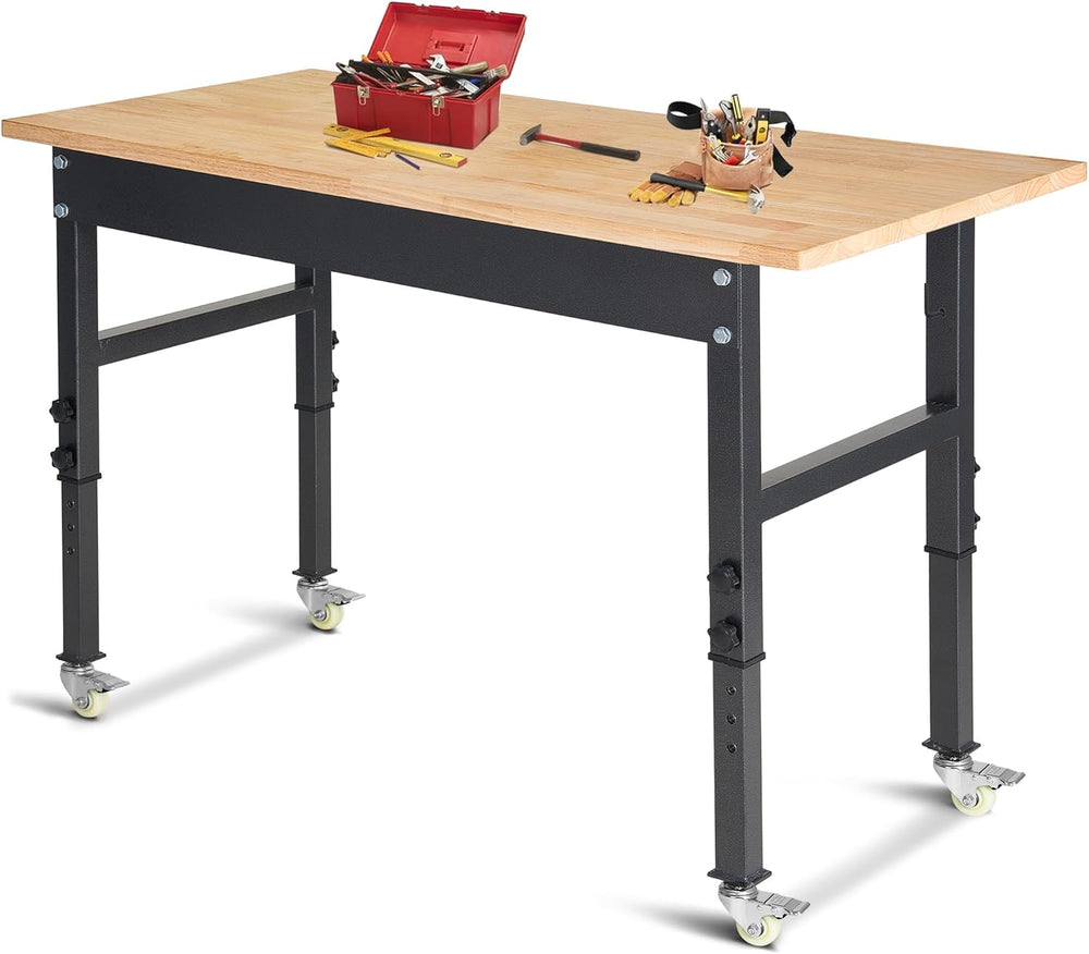 48" Adjustable Work Bench, Rubber Wood Top Workbench Heavy-Duty Work Tab...