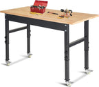 48" Adjustable Work Bench, Rubber Wood Top Workbench Heavy-Duty Work Table with Wheels, 2000 LBS Load Capacity Hardwood Work Benches for Garage, Workshop, Home, Office, Easy Assembly