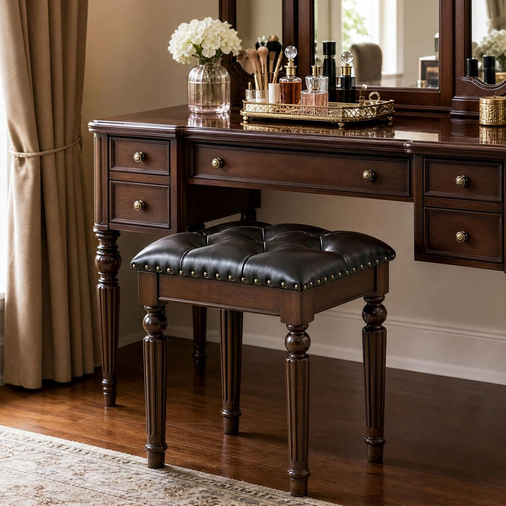 Black Faux Leather Vanity Stool, Backless, Victorian Style | Small Tufted Ben...