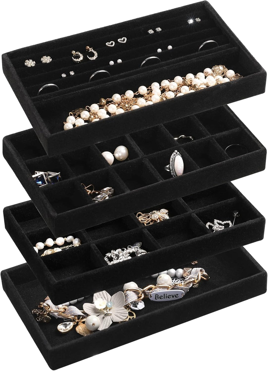 Frebeauty Jewelry Organizer Tray,Stackable Velvet Jewelry Trays,Drawer Inserts Earring Organizer For Women Jewelry Storage Display Case for Rings Stud Necklaces,Set of 4(Black)