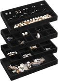 Frebeauty Jewelry Organizer Tray,Stackable Velvet Jewelry Trays,Drawer Inserts Earring Organizer For Women Jewelry Storage Display Case for Rings Stud Necklaces,Set of 4(Black)