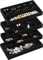 Frebeauty Jewelry Organizer Tray,Stackable Velvet Jewelry Trays,Drawer Inserts Earring Organizer For Women Jewelry Storage Display Case for Rings Stud Necklaces,Set of 4(Black)