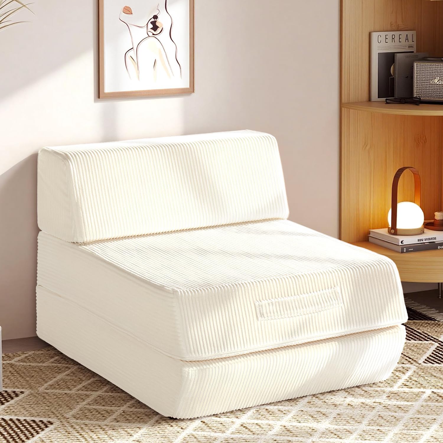 Trenda Folding Chair Bed, 16lbs Convertible Sleeper Chair Sofa Bed, Beige | 3-in-1 folding chair bed with solid foam, washable cover and handle. Converts to sofa, lounger & guest bed for small spaces.