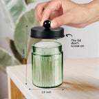 Amolliar Sage Green Qtip Holder, Glass Apothecary Jar Metal Lid & Stickers, Bathroom Qtip Dispenser Storage Canister, Perfect for Cotton Balls, Cotton Swabs, Round Pads, Bath Salt, Floss, Black 4 Pack