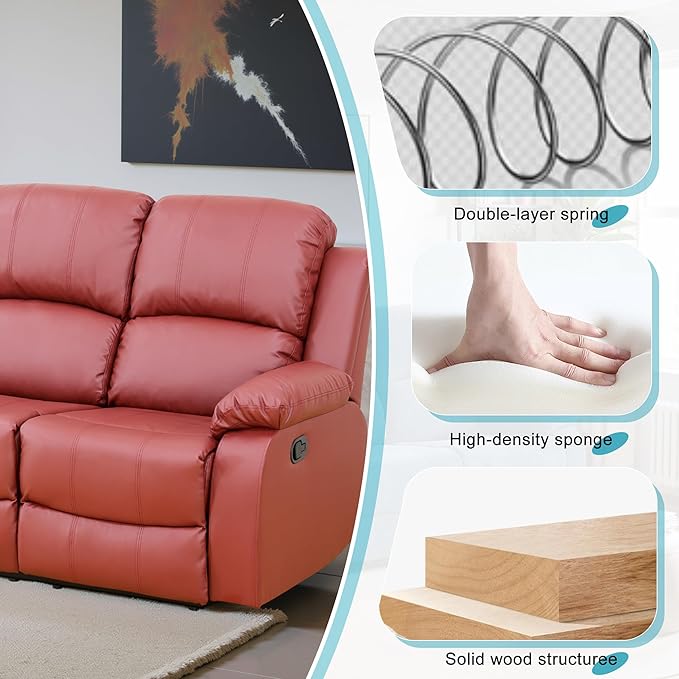 Recliner Sofa Set Couches for Living Room Chair Semi PU Fabric Living Room Furniture Sets, Adjusted Loveseat Reclining Couch Furniture Sofa Set for Theater Seating, 3-Seater, Red