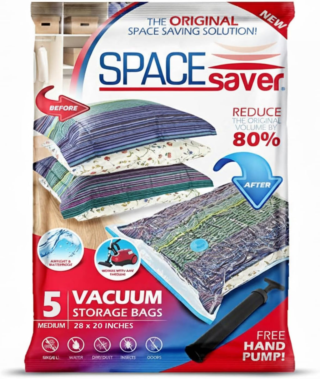 5 Pack Medium Vacuum Storage Bags for Comforters, Blankets & Clothes – Vacuum Sealed Compression Bags with Hand Pump – Space Saver Storage Bags for Bedding, Moving, Travel & Organization