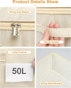 punemi Underbed Storage, 3 Pack Clothing Storage Bags W/Sturdy Handles, Large Capacity Underbed Shoe Container Organizer, Dorm Essentials Bins for Blankets, Pillows, Comforters & Quilts, Beige, 50L