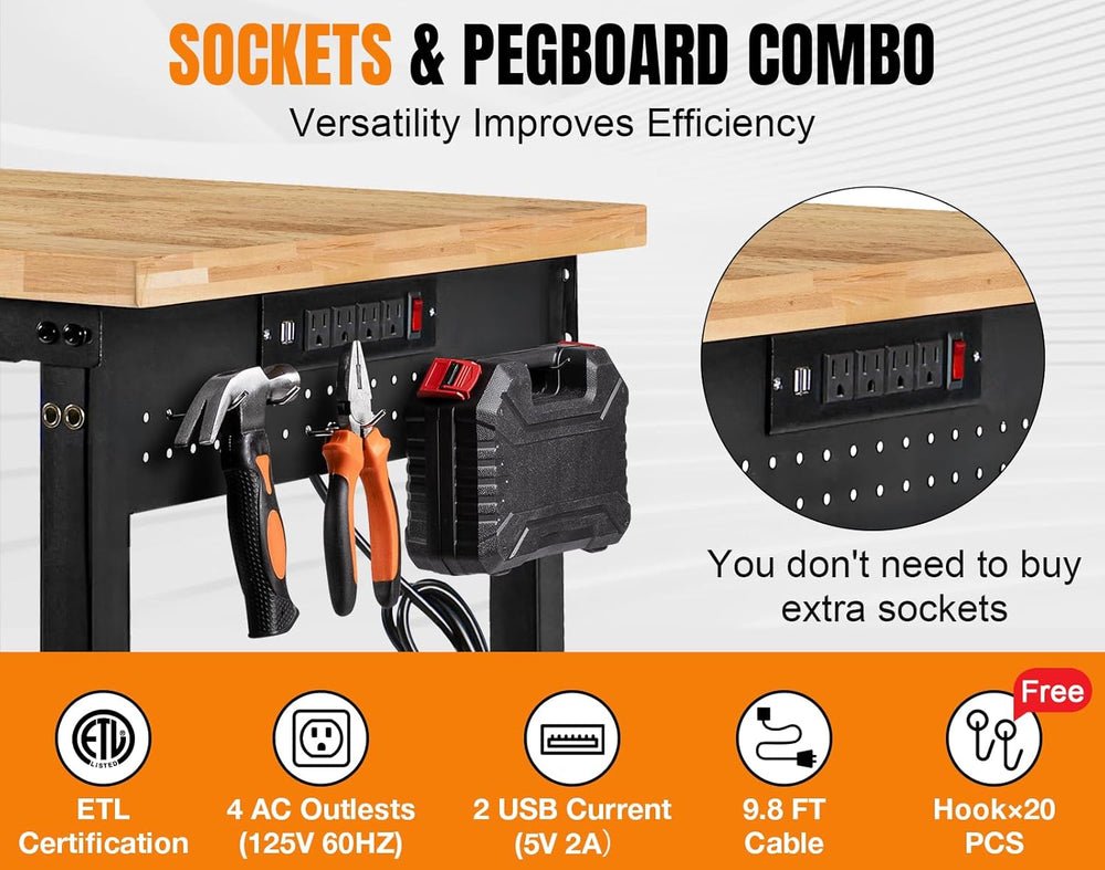 96”Adjustable Work Bench, 5000 LBS Capacity Heavy Duty Workbench with Power O...
