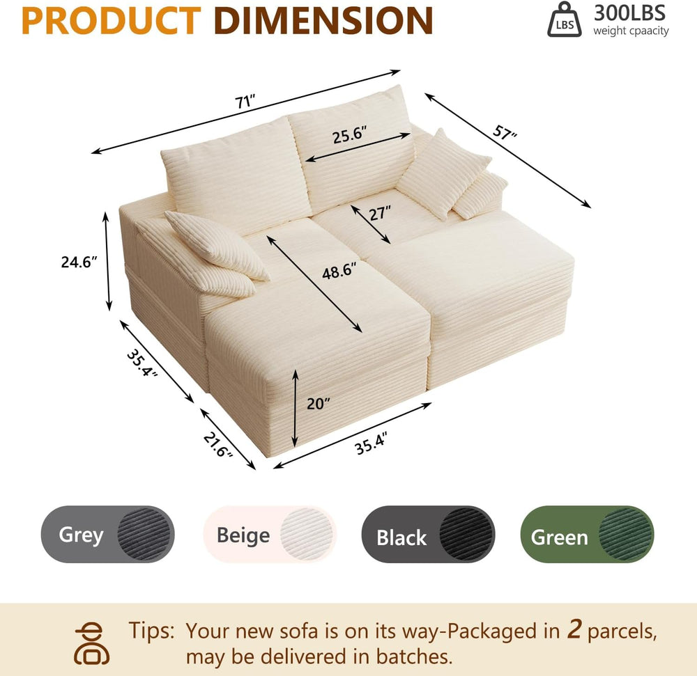 71" Modular Sectional loveseat Sofa Boneless Couch with Storage，2 Seat C...