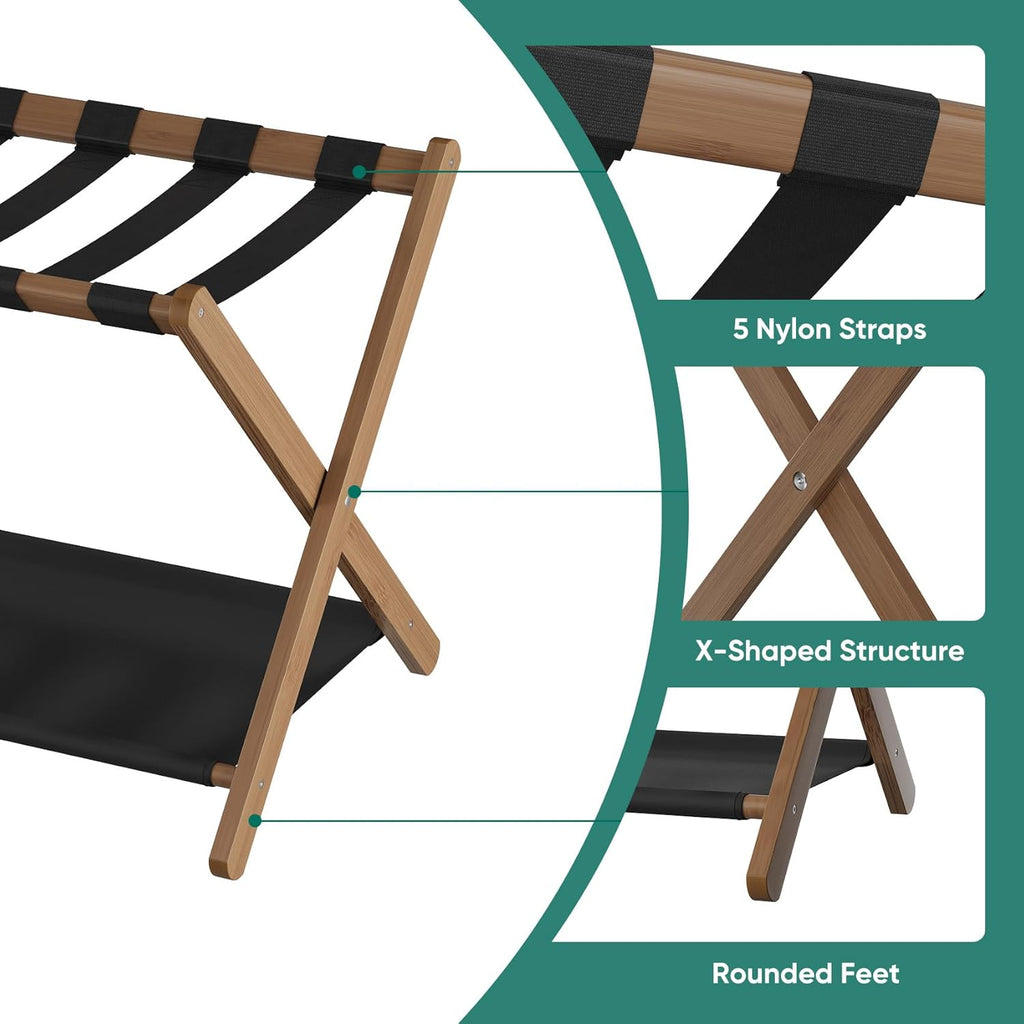 Smuxee Walnut Bamboo Luggage Rack for Guest Room, Foldable Suitcase Stand with Storage Shelf, Easily Assembled Luggage Stand with 5 Nylon Straps for Guest Room Bedroom Hotel