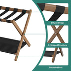 Smuxee Walnut Bamboo Luggage Rack for Guest Room, Foldable Suitcase Stand with Storage Shelf, Easily Assembled Luggage Stand with 5 Nylon Straps for Guest Room Bedroom Hotel