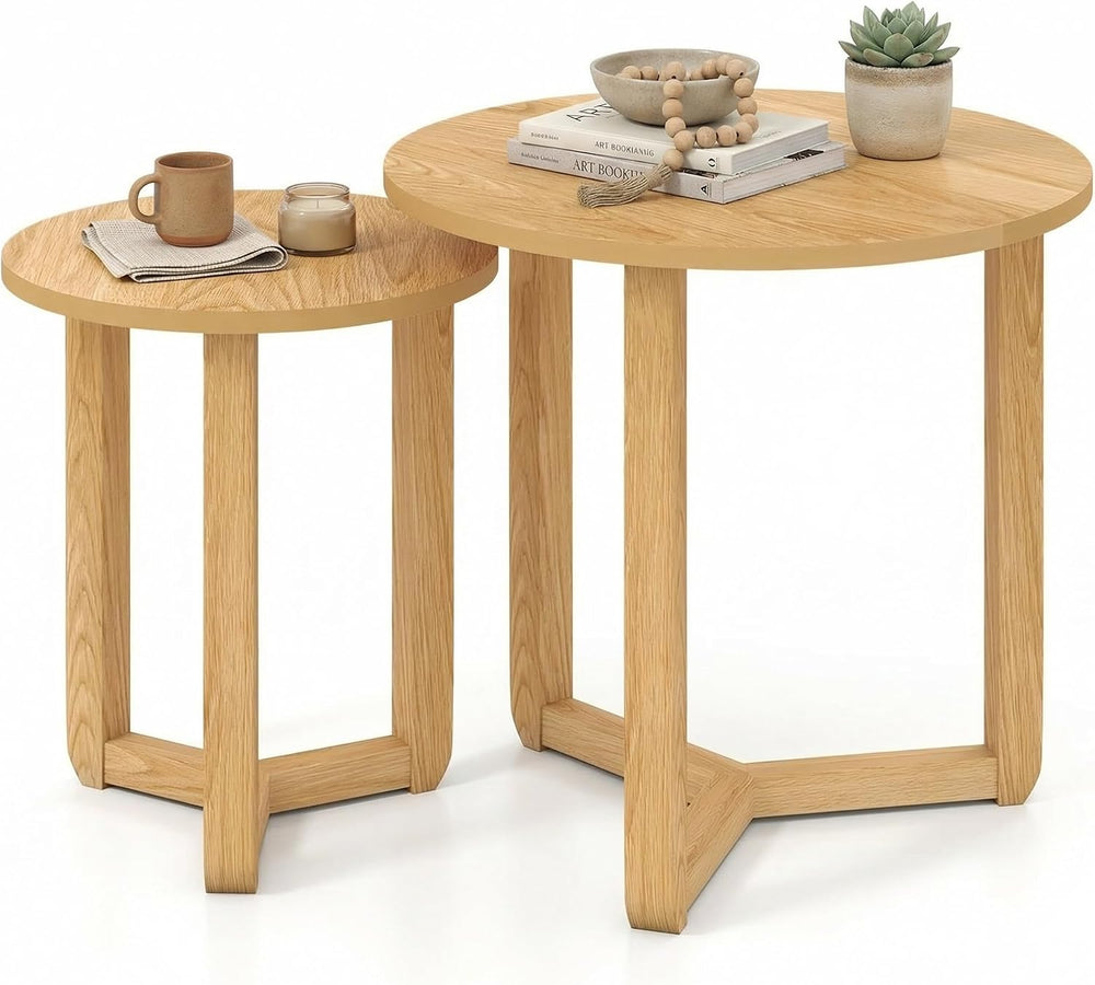 Tangkula Round Nesting Coffee Table Set of 2, Farmhouse End Tables with Solid...
