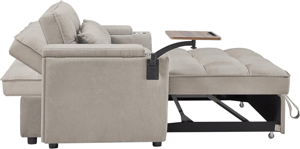 Auvsoce 65'' Convertible Sleeper Sofa Bed with Adjustable Backrest, Chaise Lounge, Side Table & USB/Type-C Ports – Stylish & Functional Addition to Any Living Room (Khaki)