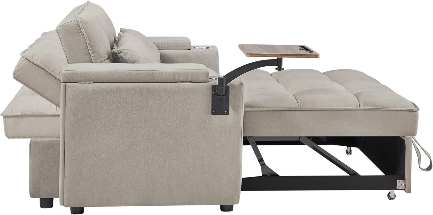 Auvsoce 65'' Convertible Sleeper Sofa Bed with Adjustable Backrest, Chaise Lounge, Side Table & USB/Type-C Ports – Stylish & Functional Addition to Any Living Room (Khaki)