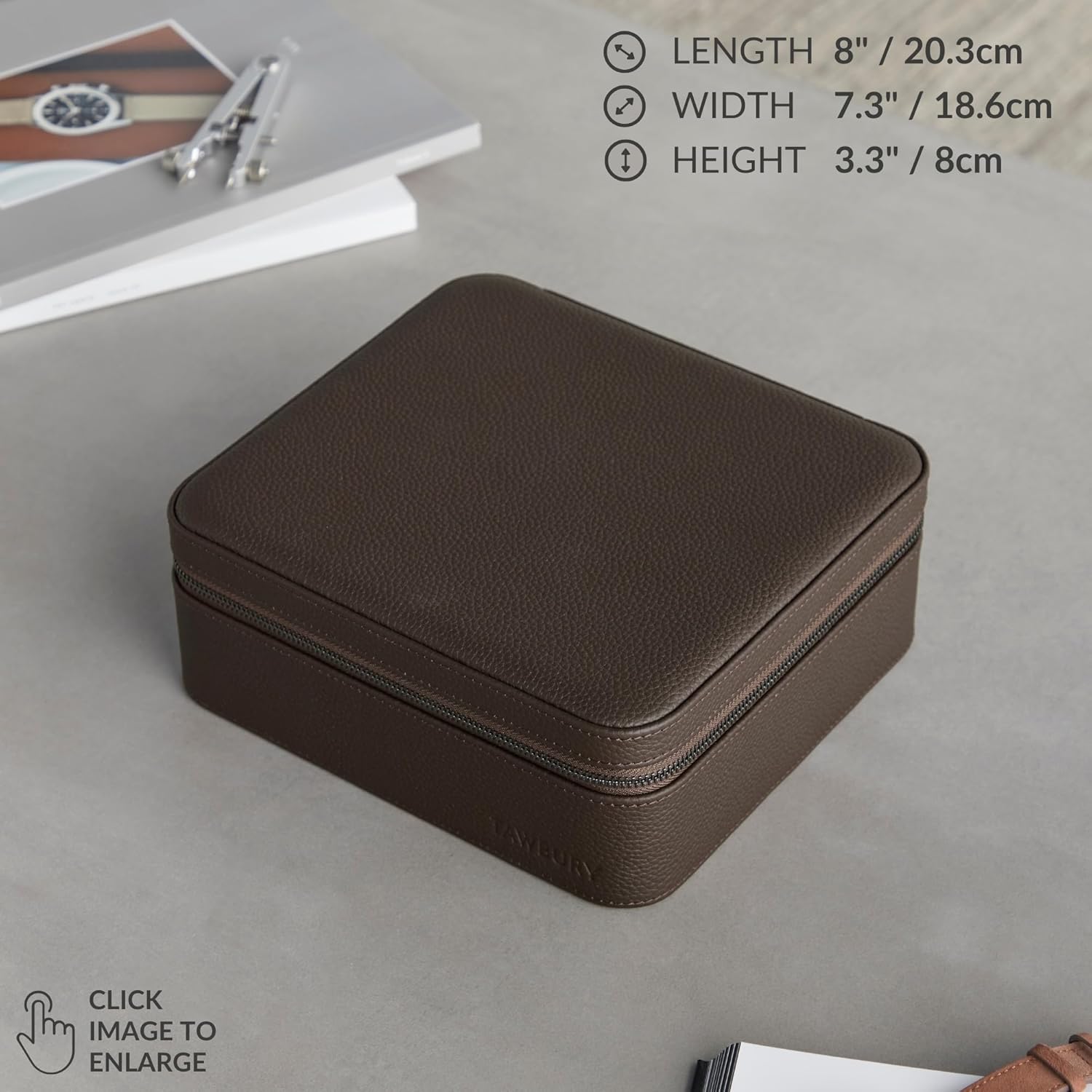 TAWBURY Watch Case - 6 Slot Genuine Top-Grain Leather Watch Box for Men & Women with Extra Wide Pillows for Large Watches - Portable Wristwatch Storage for Home & Travel (Brown)