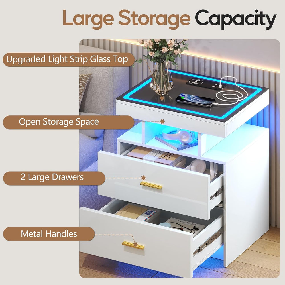 LED Nightstand Set 2 with Charging Station,Motion Senor,White | Night Stand w...