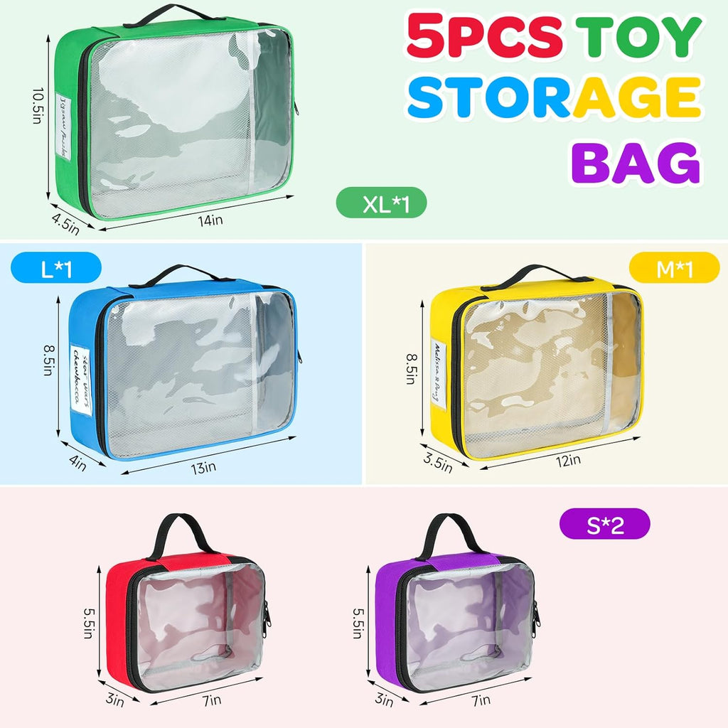 5 Packs Toy Storage Bags Compatible with Lego Bricks,Large Travel Toy Organizers for Kids Building Blocks,Toy Car,Puzzles with Mesh Pocket and Tag Pocket