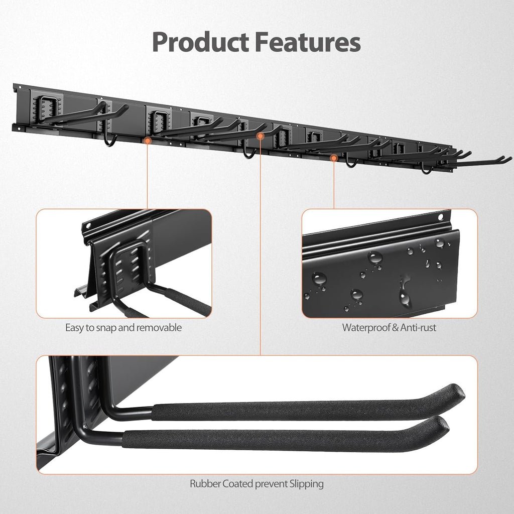 Garage Organzier Wall Mount, 48 Inch Garden Tool Organizer, 16PCS Heavy Duty Garage Storage Organization, Adjustable Tool Storage Rack Hooks, Yard Shed Tool Organizer Hold Max 450 lbs