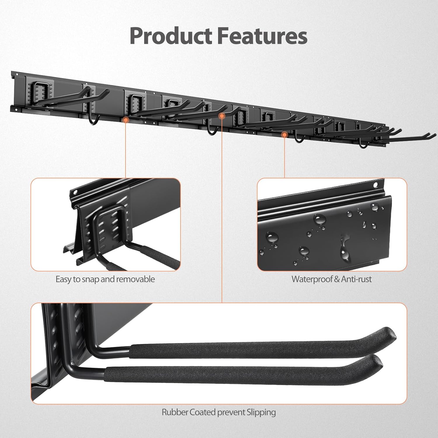 Garage Organzier Wall Mount, 48 Inch Garden Tool Organizer, 16PCS Heavy Duty Garage Storage Organization, Adjustable Tool Storage Rack Hooks, Yard Shed Tool Organizer Hold Max 450 lbs