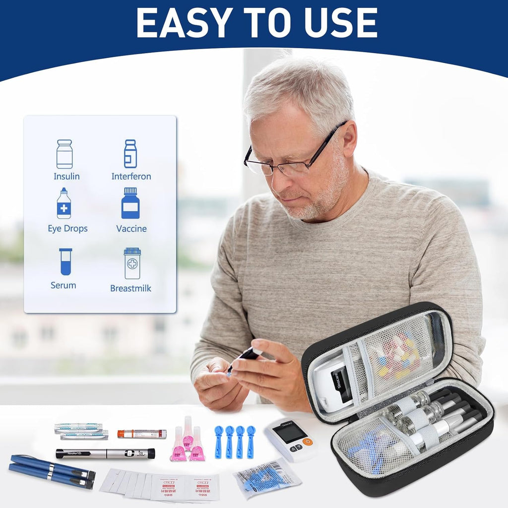 Insulin Cooler Travel Case, Portable Temperature Display Medicine Travel Cooler, Diabetes Case with 2 Reusable Ice Packs TSA Approved for Diabetic Supplies Patent Pending(Black-No Temp)