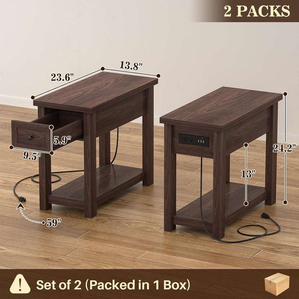 Farmhouse Narrow End Table Set of 2 with Charging Station, 13.8" Wide