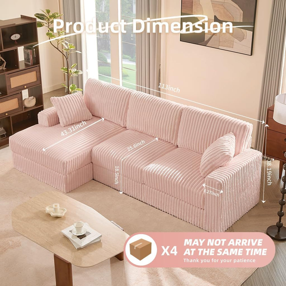 GOSUHI 113" L-Shaped Cloud Couch, Modular Sectional, Deep Seats, Pink | ...