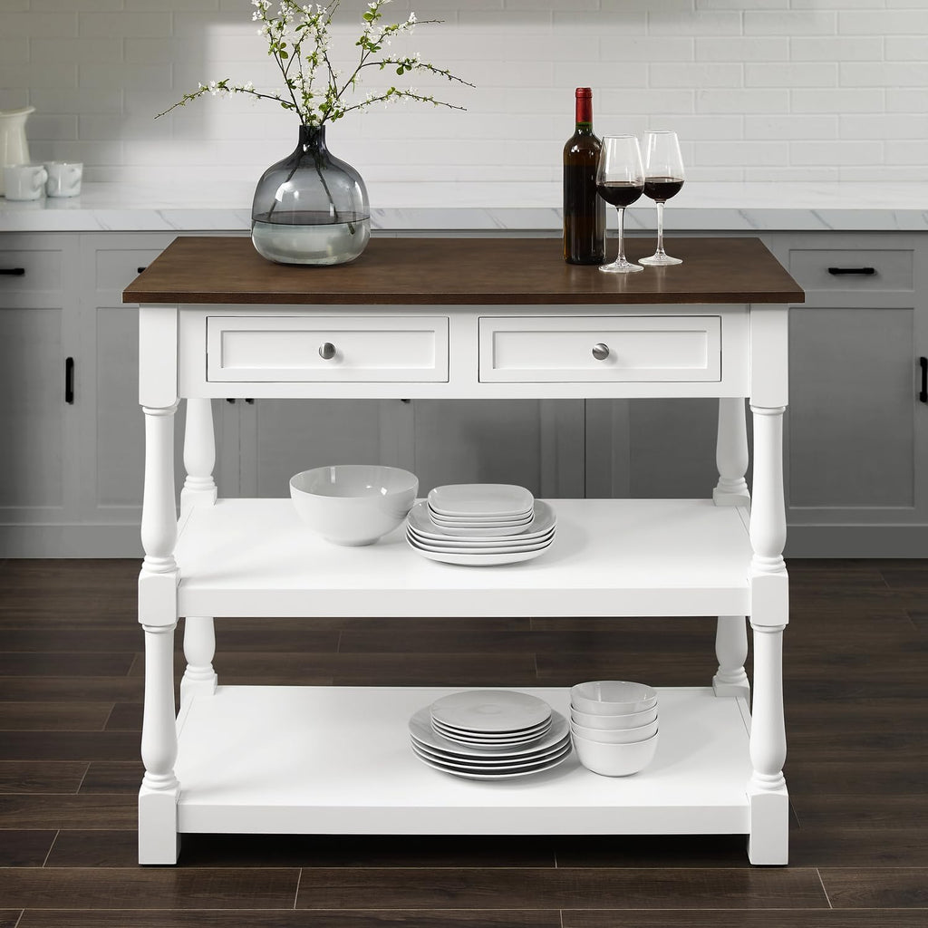 HomeStock Kitchen Island with Wood Top - 42" Wide - White & Dark Brown Finish