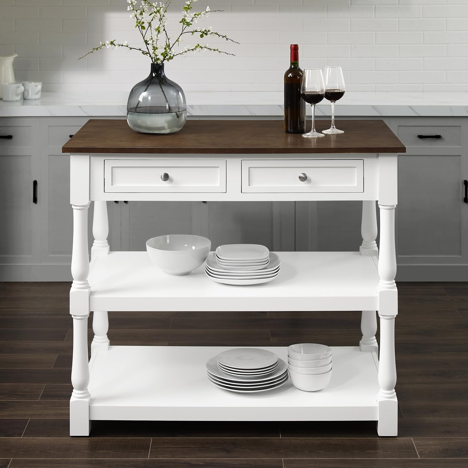 HomeStock Kitchen Island with Wood Top - 42" Wide - White & Dark Brown Finish
