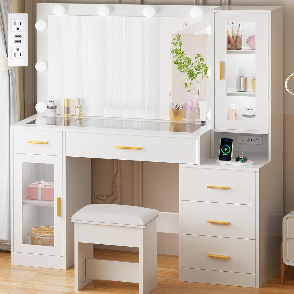 BEWISHOME 49.2" Large Glass Top Vanity Desk with Lighted Mirror and Stoo...