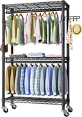 Heavy Duty Clothes Rack Rolling Garment Rack,3 Tier Adjustable Wire Shelving Clothing Racks for Hanging Clothes with Double Rods&Side Hooks,Freestanding Wardrobe Storage Rack Metal Portable Closet
