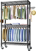 Heavy Duty Clothes Rack Rolling Garment Rack,3 Tier Adjustable Wire Shelving Clothing Racks for Hanging Clothes with Double Rods&Side Hooks,Freestanding Wardrobe Storage Rack Metal Portable Closet