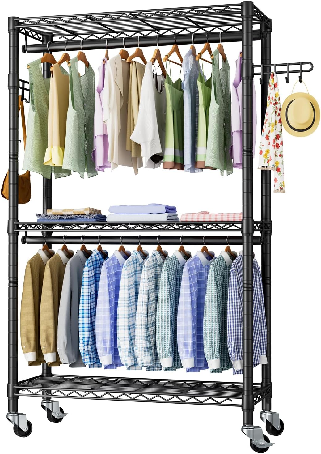 Heavy Duty Clothes Rack Rolling Garment Rack,3 Tier Adjustable Wire Shelving Clothing Racks for Hanging Clothes with Double Rods&Side Hooks,Freestanding Wardrobe Storage Rack Metal Portable Closet