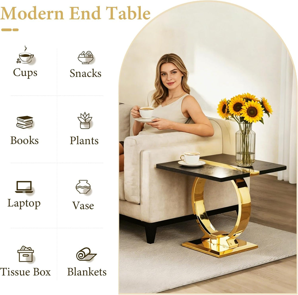 Asday 23” Black and Gold End Table, Modern Square Wood Side Table with Polihs...