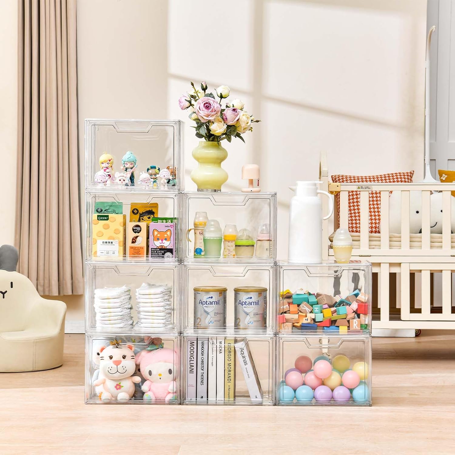 Stackable Storage Bins, Clear Acrylic Display Case, 9-Pack Acrylic Boxes with Lids, Clear Storage Containers Storage for Handbags, Collectibles & Figures