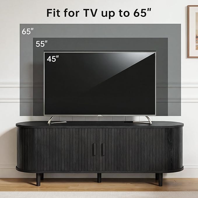 58" Mid Century Modern TV Stand, Wood TV Consoles with Sliding Doors and Power Outlet, Fluted Entertainment Center with Adjustable Shelves, Media Console for Living Room, Black