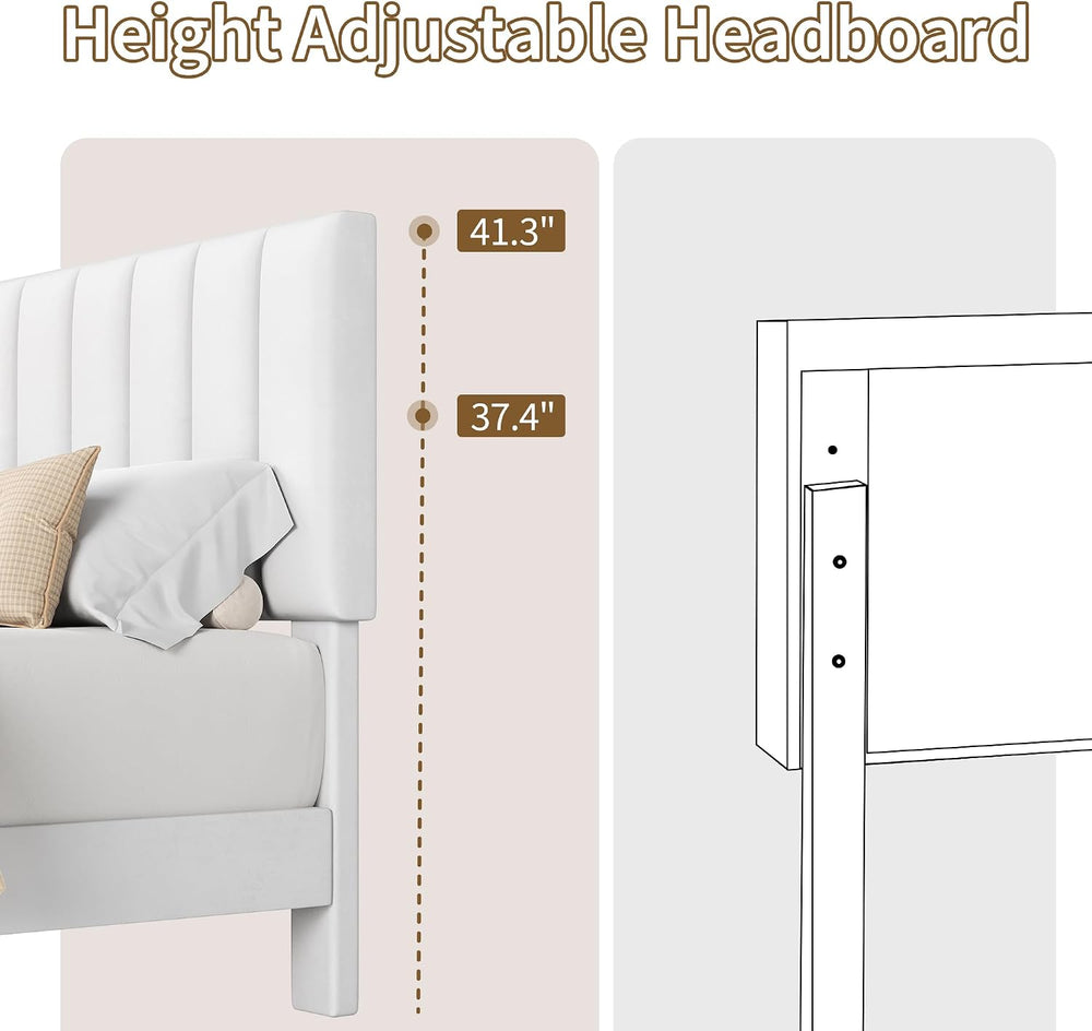 IDEALHOUSE King Size Velvet Upholstered Bed Frame, White