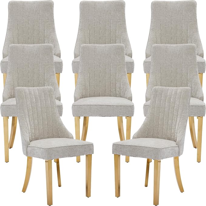 Beige Mid Century Dining Chairs Set of 8, Modern Kitchen & Dining Room Chairs Set of 8, Chenille Fabric Upholstered Kitchen Chairs for Dining Table, Sillas de Comedor, Gold Legs (Beige, 8 Pcs)