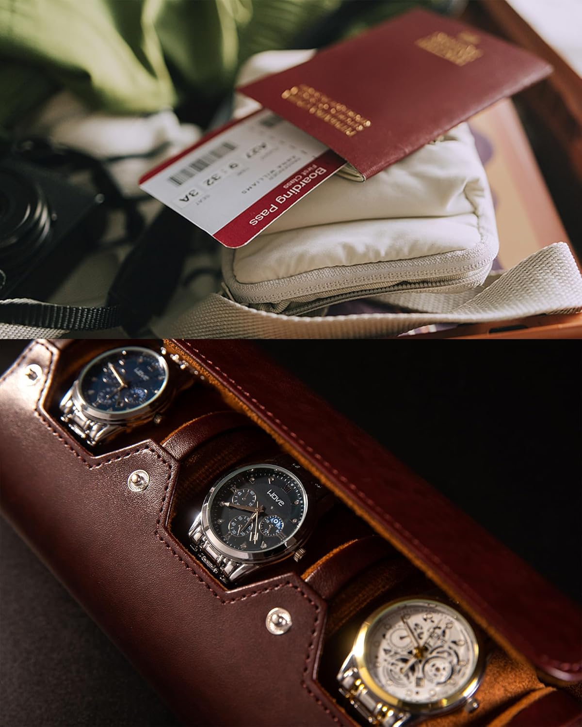 MR.OKAY 3 Watch Travel Case- Classic Leather Watch Case With Perfect Texture.Portable Watch Roll Or Organizer For Storage And Display. Luxury Gifts For Men, All Handmade by Artisans.