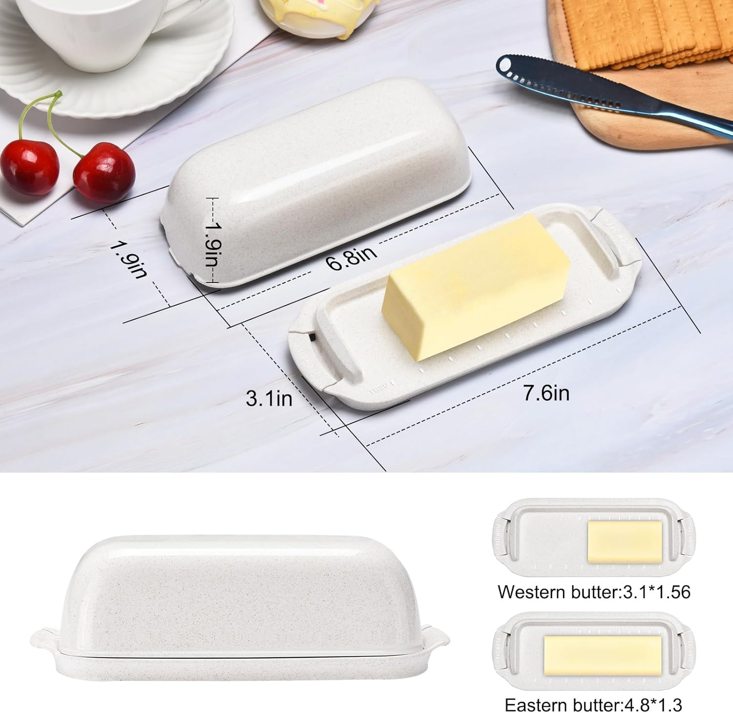 AONCO Butter Dish, Beige Wheat Straw Butter Container Holds with Lid for Countertop, Unbreakable Reusable Butter Keeper for Home Kitchen Decor, Perfect for East/West Coast Butter, Eco Friendly