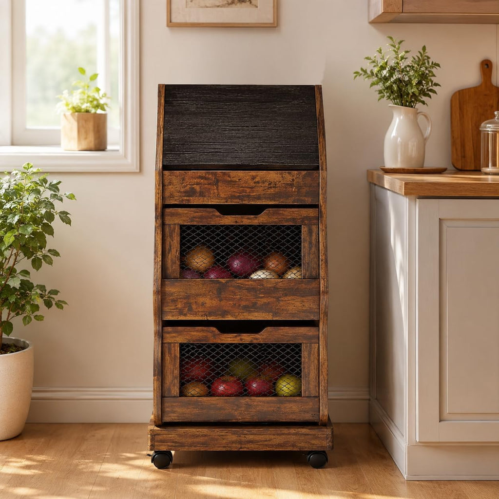 Rustic Farmhouse Pantry Cabinet with Wheels, Wooden Kitchen Storage Organizer for Potatoes, Onions and Bread, Rolling Produce Storage Cabinet for Fruits, Vegetables and Snacks